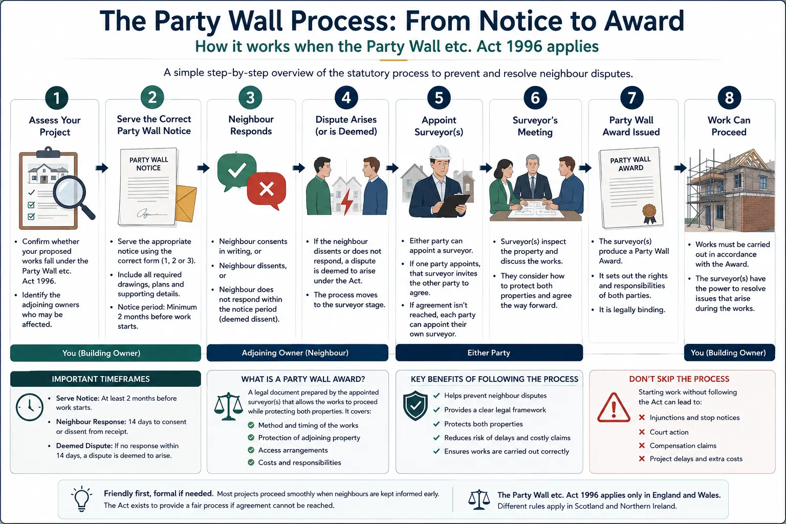 Do I Need a Party Wall Agreement? An infographic showing the party wall process from notice to award in a very interactive way for the citizens living in Twickenham, UK