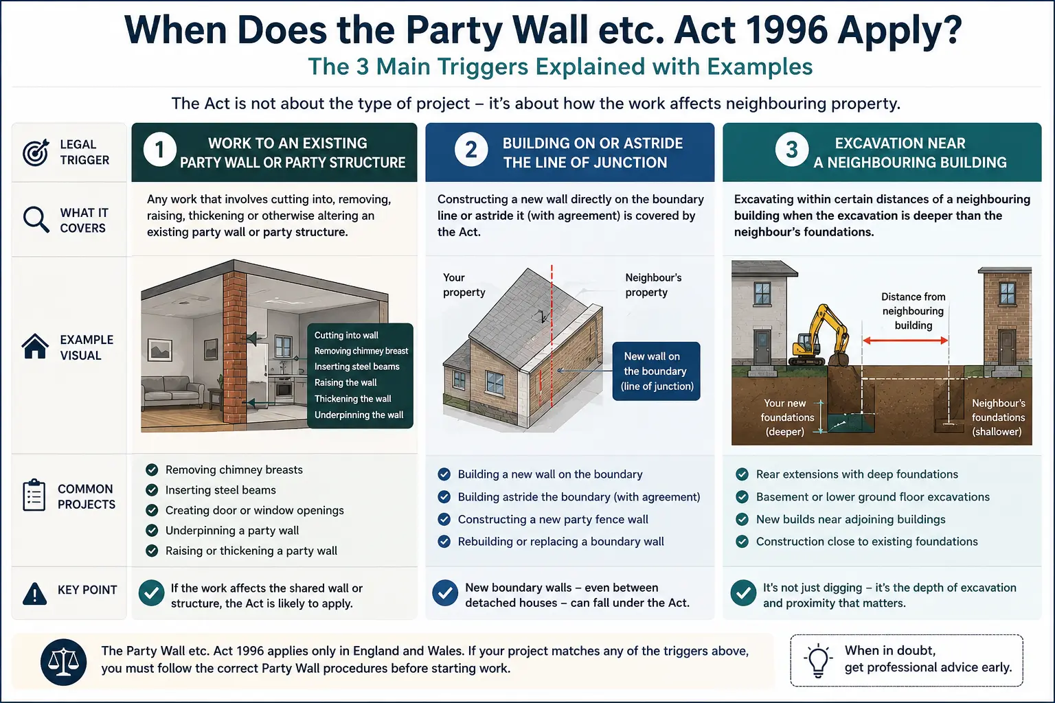 Do I Need a Party Wall Agreement? An infographic showing when does the party wall etc act 1996 apply like excavation, junction, painting, in Twickenham, UK